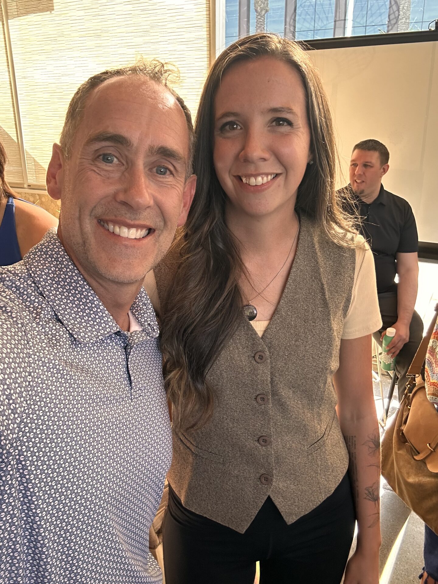 Joseph Kenney, founder of 316 Strategy Group and Bullseye AI, with Julia McCoy at the inaugural AI AZ Bootcamp Night — May 8, 2026, Tocaya Modern Mexican, Scottsdale.